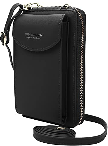 ZhengYue Crossbody Phone Bag for Women, Leather Ladies Handbags Mobile Phone Pouch with Long Strap Zip Card Slots, Small Cellphone Shoulder Bags Coin Purse Wallet Black