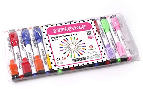 aeioubaby.com 20 Magnetische Whiteboard-Marker mit integriertem Löscher| Spezielle Trockenlöschung | Set Ideale Packung für Zuhause, Schule und Büro