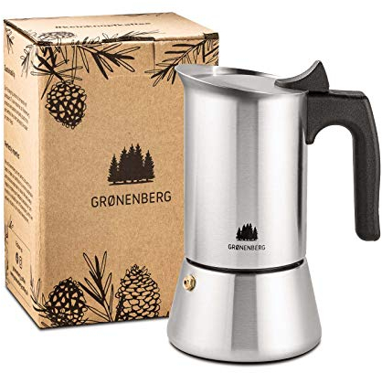Groenenberg Cafetiere italienne induction 200 ou 300 ml | Cafetière italienne en acier inox avec tamis de réduction I Moka pour 4 ou 6 tasses d'espresso délicieux (4 Tasses (200ml))