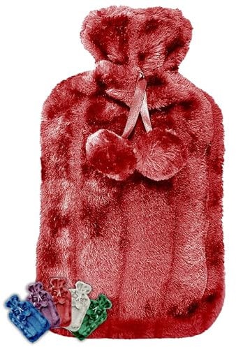 LIFE Healthcare Large Hot Water Bottle with Cosy Fur Cover and Pom Poms. 1.8 Litre Capacity Relieves Body Aches and Pains