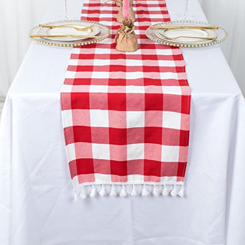 Chemin de table à carreaux Buffalo - 183 cm - Chemin de table à carreaux rouges et blancs - Chemin de table lavable en coton et lin (35,6 x 182,9 cm)