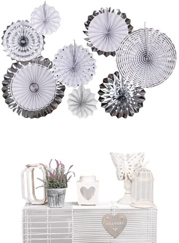 Matissa 8pcs Paper Fan Decorations Party Hanging Ceiling Decorations Birthday Colourful Christmas Halloween birthday valentine baby shower (Grey Silver White)