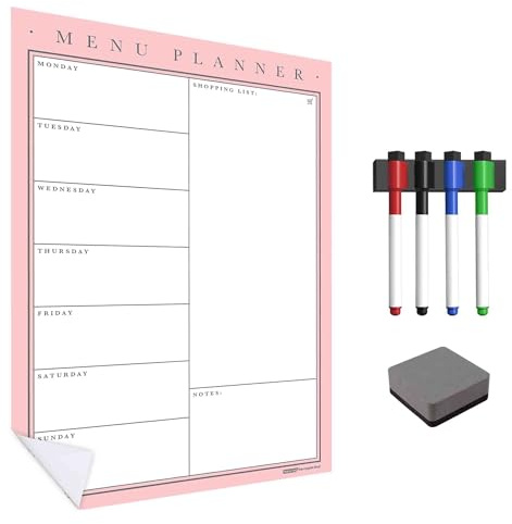 WallTAC Wand-Mahlzeitenplaner A3 | Wochenplaner und Familienplaner | Wiederverwendbares, abnehmbares und neu positionierbares selbstklebendes Whiteboard-Menü (Blush Pink, A3)