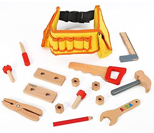 SOKA Wooden Carpenters Tool Belt with Wooden Tools - Construction Wood Craft Pretend Play Builder Tool Belt Preschool Learning Toy 16 pieces for Kids Children Boys Girls Ages 3 year old +