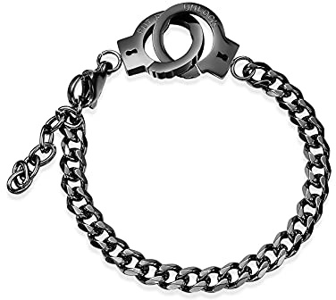 HMOOY Handcuff bracelet, Stainless Steel Handcuff Chain Link Bracelet Adjustable Anklet Bracelet Partners in Crime Black Handcuff Statement Bracelet for Men Women (Men-Black)
