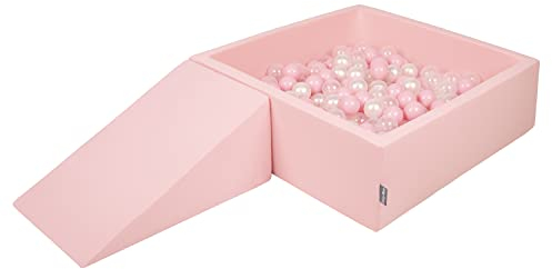 KiddyMoon Aire De Jeux en Mousse avec Carré Piscine À Balles (200 Balles) pour Enfants, Rose:Rose Poudre/Perle/Transparent
