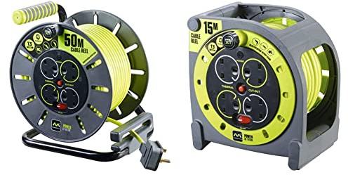 Masterplug OLU50134SL-PX Pro-XT Four Socket Open Cable Reel Extension Lead, Green & HMU15134SL-PX Pro-XT Four Socket Case Cable Reel Extension Lead