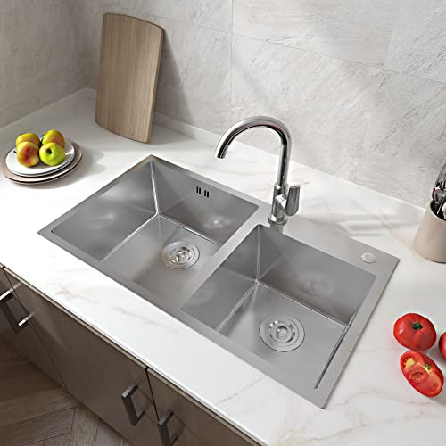 AICA Évier de Cuisine 78x43x20cm évier cuisine 2 bacs en Inox livré avec 2 siphons en Inox modèle A7I2