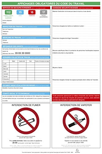 Exacompta - Réf. 67130E - 1 panneau d'affichages obligatoires du code du travail plastifié - Dimension du panneau : 40 x 60 cm
