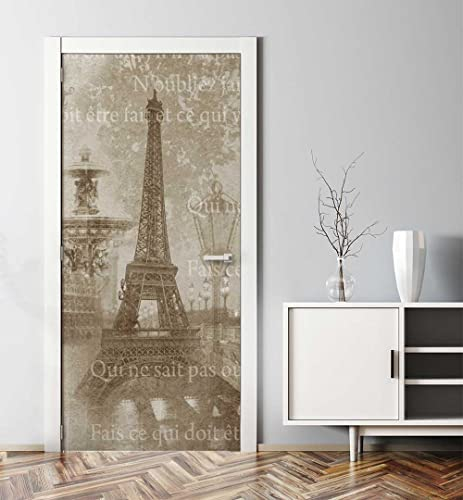 MyMaxxi - Tür bekleben mit Türtapete Selbstklebend 90x200 Paris Collage - Tür verschönern Türfolie - Türaufkleber XXL Aufkleber Folie- Türposter Türklebefolie Frankreich Statue Figur beige