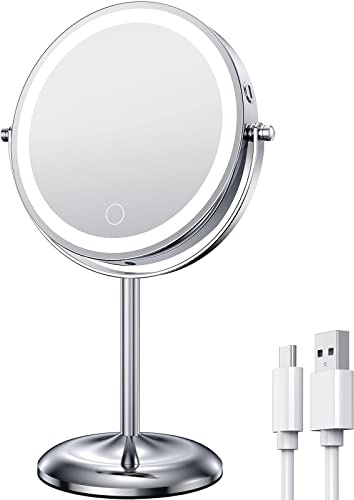 Gospire Miroir de maquillage lumineux de 17,8 cm avec grossissement 10x/1x, lumières LED rechargeables sans fil à intensité variable, pivotant à 360°, miroir de courtoisie cosmétique sur pied pour