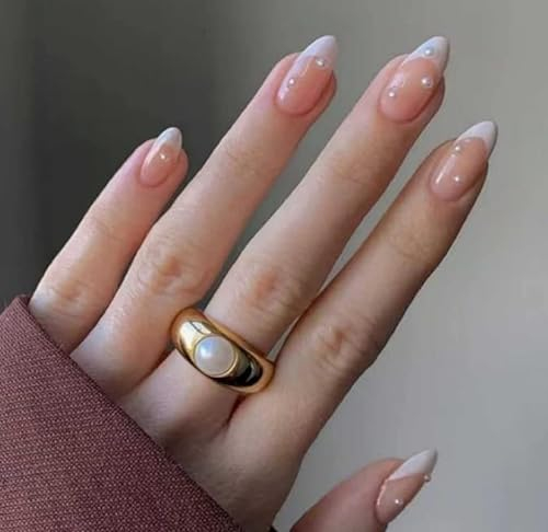 JUSTOTRY 24 Pièces Pearls Amande Faux Ongles Court, Blanc French Press on Nails Courts, Funky Glossy Ovale Faux Ongle Moyen avec Colle Pour Femme et Fille,Almond Faux Ongles à Coller Nail Art