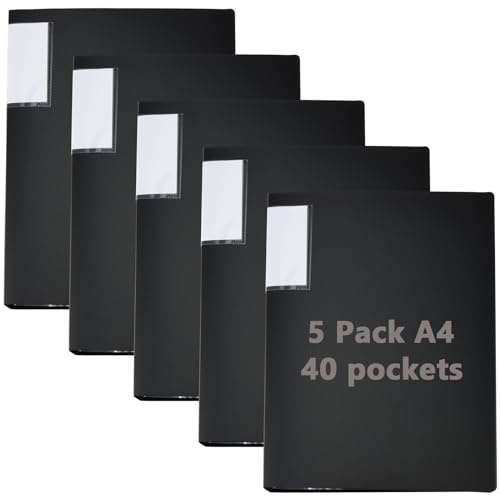 ZOENHOU 5 Pack A4 Display Book Folder, 40 Pockets Display Files A4 Folders with Plastic Pockets, Presentation Book Project Folder for House, Office Storage, Everyday Business