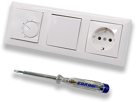 Halmburger UP Raumthermostat Raumtemperaturregler RTR-5510rg in Busch Jäger Balance SI alpinweiß Rahmen + Taster Tastschalter 2020 US + Steckdose + EBROM Phasenprüfer zur Montage der Geräte RTR-5510