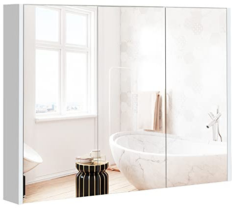 LIFEZEAL Badezimmerschrank mit Spiegel 90 x 11 x 65 cm, Spiegelschrank Bad mit 3 Spielgeltüren & 3 verstellbaren Regalen, Badezimmer Spiegelschrank, Badschrank Weiß