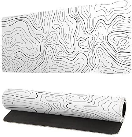 Siski Tapis de souris de jeu blanc avec contour topographique XL, lignes de carte géographique, grand sous-main étendu, base en caoutchouc antidérapant, bords cousus, long tapis de souris pour PC