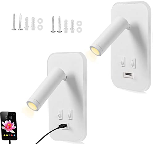 Weigudoc 2pcs Lámpara de Pared LED, Luz de Lectura Junto a la Cama, Aplique de Pared Cabecera Ajustable, con Puerto de Carga USB e Interruptor, Luces de Pared de Pasillo (Blanco)