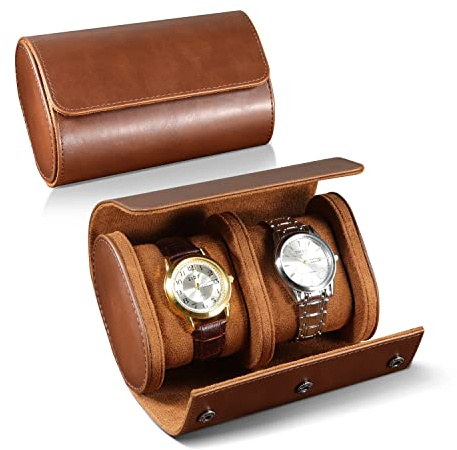 ROSELLE Watch Roll Travel Case for Men and Women- 2 Watch Storage and Organizer-Secure Storage with Innovative Removable Pillows & Solid Dividers for Home, Travel and Display (Brown-2 Slot)