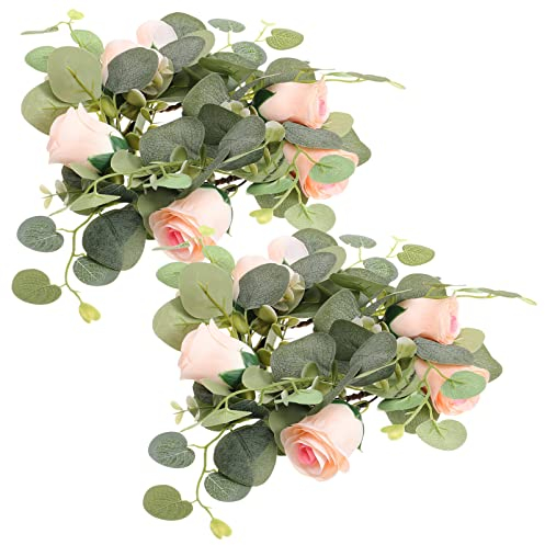 Milisten 2 Stücke Kerzenringe Rose Eukalyptus Kerzenkranz Frühlingskranz Kerzen Kranz Ringe Dekokranz Weidenkranz Hochzeit Kerzenhalter für Stumpenkerzen Stabkerzen Landhaus Deko