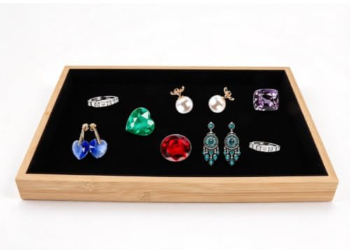 Cyrank Samt Stapelbares Schmucktablett, Flaches Schmuck-Organizer-Tablett aus Holz, Schmuck-Schubladen-Organizer Für Halskette, Armband, Ring, Vitrine(Schwarz)