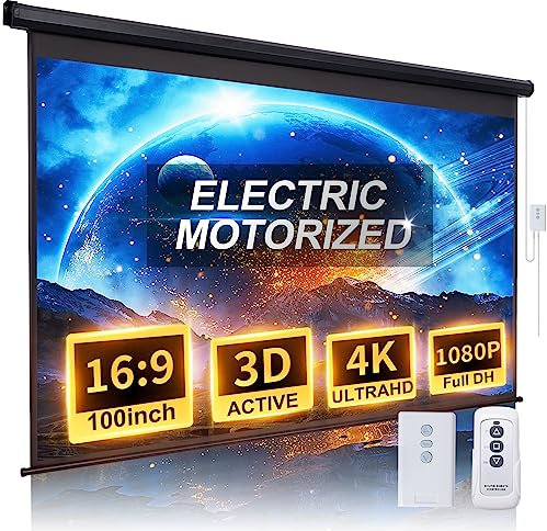 Projector Screen Motorized 100 Inch 16:9 HD Electric Projector Screen Pull Down with Remote, Automatic Projector Screens Wall Ceiling Mount Movie Screens for Projectors Outdoor Indoor, Black
