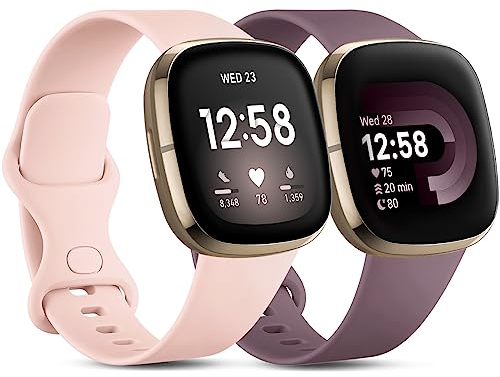 CeMiKa 2 Pack Armband Kompatibel mit Fitbit Versa 3 Armband/Fitbit Sense Armband, Sanft Einstellbar Ersatz Sport Armband Kompatibel mit Fitbit Versa 3/Sense für Frauen Männer, Sandrosa Rauchviolett