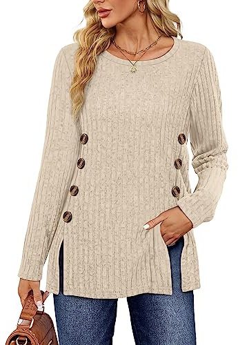 Sampeel Ladies Long Sleeve Tops Women Jumpers Symmetrical Button Down Collar Split Womens Jumper Ladies Lightweight Jumpers Size 18-20 Beige, XL