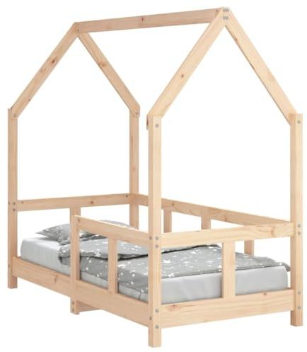 vidaXL Kinderbett, Kinder Bettgestell in Hausform, Hausbett für Kleinkinder zwischen 18 Monaten und 4 Jahren, Einzelbett Kinder Holzbett, 70x140 cm Massivholz Kiefer