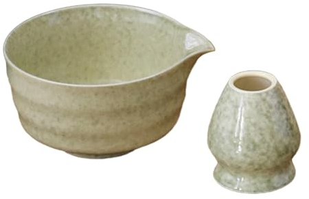 perfk 2x bol à thé fouet bol à Matcha en céramique et support de fouet bol à thé Portable avec bec verseur pour la préparation du Matcha japonais, Couleur matcha