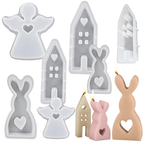 Ahuuen 7 Stück Silikonformen Gießformen Häuser | Engel Silikonformen | Epoxidharz Haus Gießform | Osterhase Silikonform | Ostern Gießformen | Silikon Gießform Für Handwerk Kerzenhalter