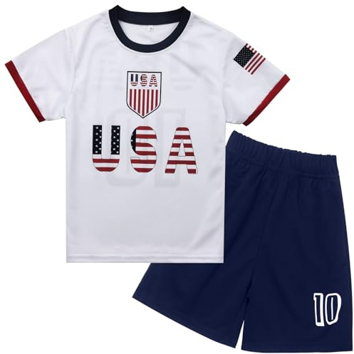 Xuomuen USA Soccer Jersey & Short for Youth Boys Baby Kids Soccer Jersey #10 Uniforms Football for Child,white,Short Sleeve,7-8Y