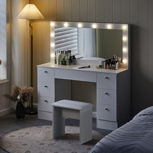CLIPOP Tavolino da toilette con grande specchio e 12 luci LED Hollywood, Luminosità regolabile, Tavolino da toilette con 7 cassetti e sgabello, Set moderno di tavoli da trucco bianchi (DR-0457)