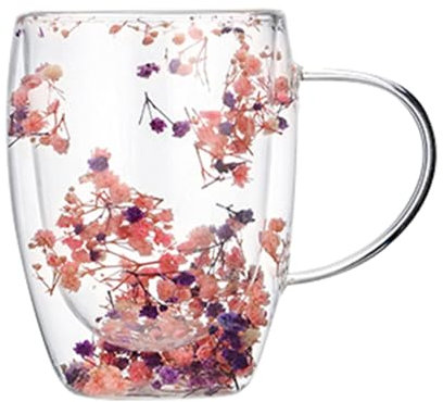 Lot de 2 tasses décoratives en verre avec pétales de fleurs, tasse à thé avec anse en verre transparent avec fleurs séchées