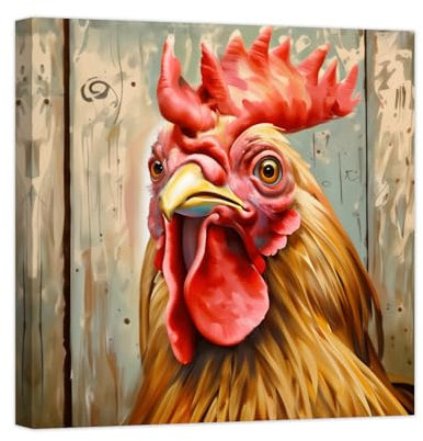 ZXHYWYM Hahn Drucke Wanddekoration lustiges Nutztier Poster Hühner Leinwandbilder Landhaus Hahn Küchendekoration für Bauernhaus Esszimmer Zuhause mit Rahmen (A (30.00 x 30.00 cms))