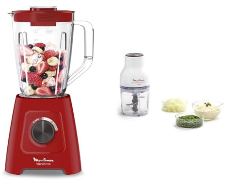 Moulinex Blender Blendforce, 600 W, 2 vitesses + fonction Pulse, Capacité totale & Hachoir électrique, 400 ml, 300 W, 4 lames, Fonctions 3-en-1, Emince, Hache, Mixe, Système de pression simple