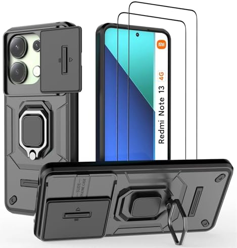DERHAN Coque pour Xiaomi Redmi Note 13 4G (Pas 5G) / Redmi Note 13 NFC, Housse avec Verre Trempé [2 Pièces] + Couvercle de Caméra Coulissant, Coque Antichoc avec Béquille - Noir
