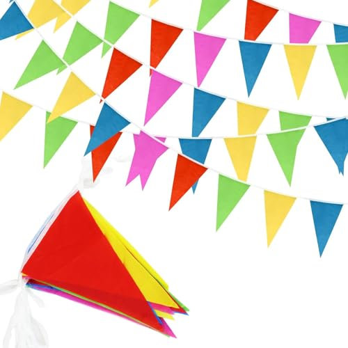 SULOLI 80 Metri 150 Bandierine Triangolari Colorate,Feste Striscione Bandiere,Festoni Decorazioni per Compleanno Festa Ghirlanda Esterno Matrimonio Natale