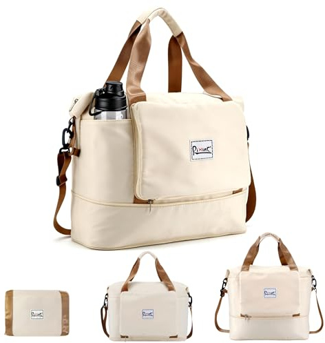 Stilvolle faltbare Reisetasche für Damen, 40 l, persönliche Gegenstände, Reisetasche, Fluggenehmigung, mit Nasstasche, leichte Tragetasche für Reisen, Fitnessstudio, Wochenendausflüge, Beige, 16.53 x