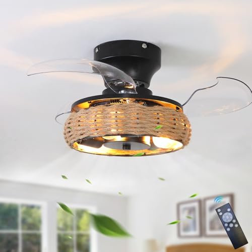YFouCnd I Retro Hemp Rope Ceiling Fans with Lamps, Farmhouse Industrial Ceiling Fans with Lights and Remote, Quiet E27×3 Timer Reversible 6 Speeds Ceiling Fan Light for Kitchen, Bedroom, Lounge-B