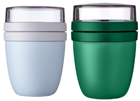 Mepal | Lunchpot Ellipse Mixed | Old Nordic Blue + Vivid Green | Müslibecher to go | Unterteilung für Joghurt & Müsli | 500 ml + 200 ml | Geeignet für Gefrierschrank, Mikrowelle & Spülmaschine
