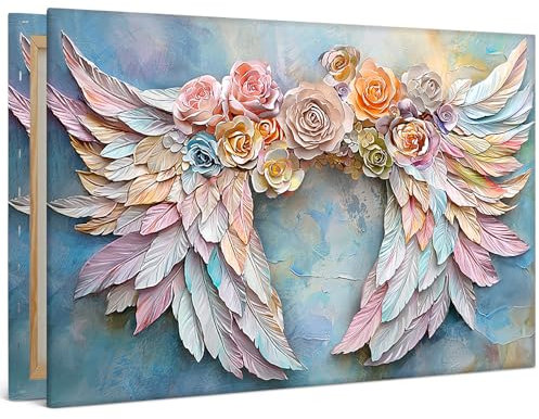WENGTIAO 3D Rosen Engelsflügel Leinwand Bilder 60x90 cm - Kunstdrucke Gerahmtes Bild Bunte Flügel und Blume Malerei auf Leinwand Modern Wanddeko Wandbilder Wohnzimmer Schlafzimmer Room Decor