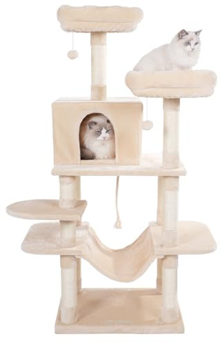 PetRhein Kratzbaum groß, 150cm XXL Hohe Katzenbaum, 21,85 kg sehr stabil für schwere Katzen, Natürliches Sisalseil, Verdickter Plüsch, Hochwertige Spanplatte 150x96x62cm(HxLxB) (Weiß)