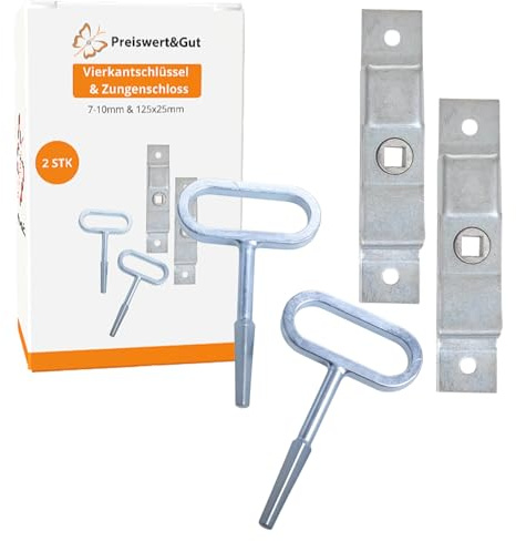 2 STK Vierkantschlüssel 7 bis 10 mm mit 2 Zungenschlössern 100 x 19 mm | 2 Zungenschlösser als Klappenverschluss und Schließriegel für Einbau Klappe, Tür oder Fenster zur Verriegelung.