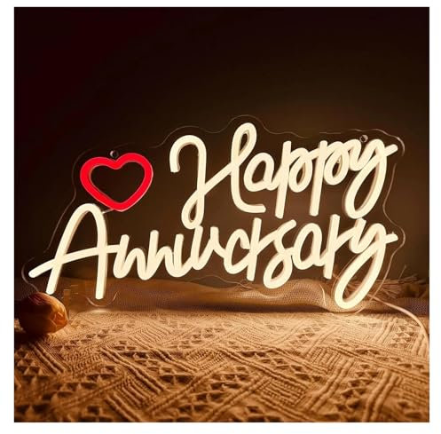 Hanging Art Neon Signs Happy Anniversary Neon Signs USB Dimmer Switch LED Light Up for Wedding Party, Engagement, Festival 21cm×40cm