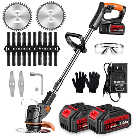 Cordless Strimmer, Electric 21V Grass Trimmers with 2 * 4.0Ah Batteries and Metal Blades, Brush Cutter 90° Head Rotation and 6in Cutting Diameter, Garden Strimmers for Clearing Weeds Flower Trees