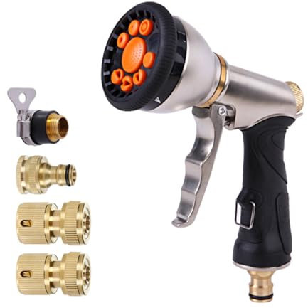 Pistola Agua Jardín con 9 Patrones Ajustables, Pulverizadora Manguera Presión Alta, Rociador Automóvil Limpieza Metal, Herramientas Riego Jardín para Plantas, Césped, Lavado Coches y Mascotas