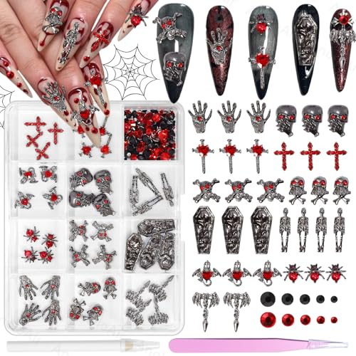 Halloween Nail Charms and Gems, Alloy Punk Halloween Charms for Nails | Mixed Cross Spider Skull Hands Tombstone Dark Ghost , Black Red Gems Rhinestones for Acrylic Nail Art DIY Supplies