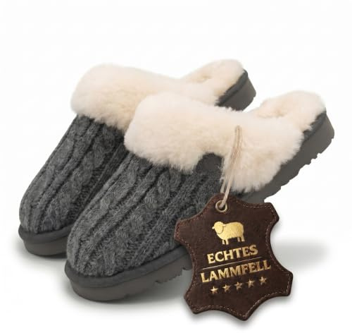 Rohn Moden Lammfell Hausschuhe Damen – Nuri – Warme Hausschuhe Damen mit Schaffell & rutschfester EVA-Sohle – Winter Pantoffeln für zuhause – Slipper gefüttert - Grau