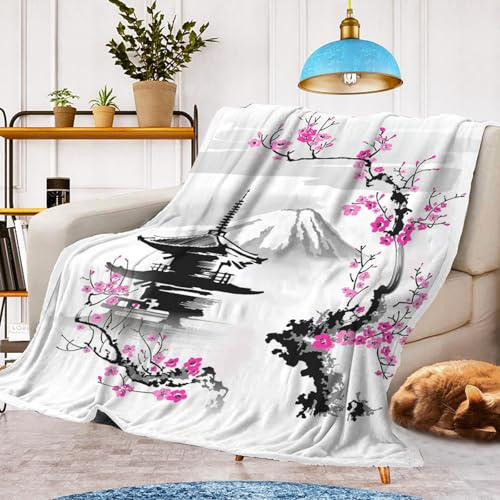 Decke Kirschblüten Kuscheldecke,Warm und Flauschig Kinder Japanische Sakura Decken Flanelldecke,mikrofaser Couchdecke Raumdekoration(Kirschblüten 1, 130x150cm)