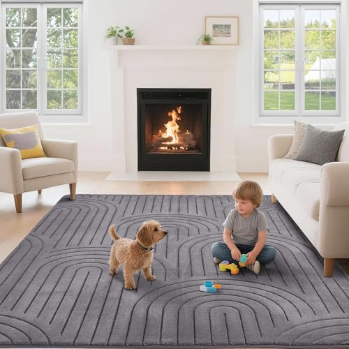 Puremy Wohnzimmerteppich Kurzflor mit 3D Hoch-Tief-Effekt, 200x280cm, Grau | Teppich für Schlafzimmer Kinderzimmer mit Hoch-Tief-Effekt, hohe Flordichte und angenehm weich, Moderner Bogenförmiges Design
